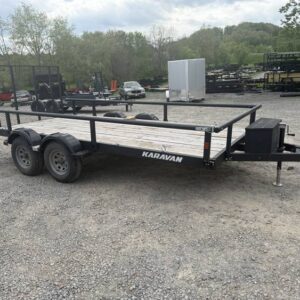 2024 Karavan 7' x 16' Utility Trailer with Rear Ramp Gate Karavan utility trailer, 7x16 utility trailer, 7400 GVWR utility trailer, rear ramp gate trailer, utility trailer toolbox, D-ring utility trailer, fold-down rail trailer, equipment trailer